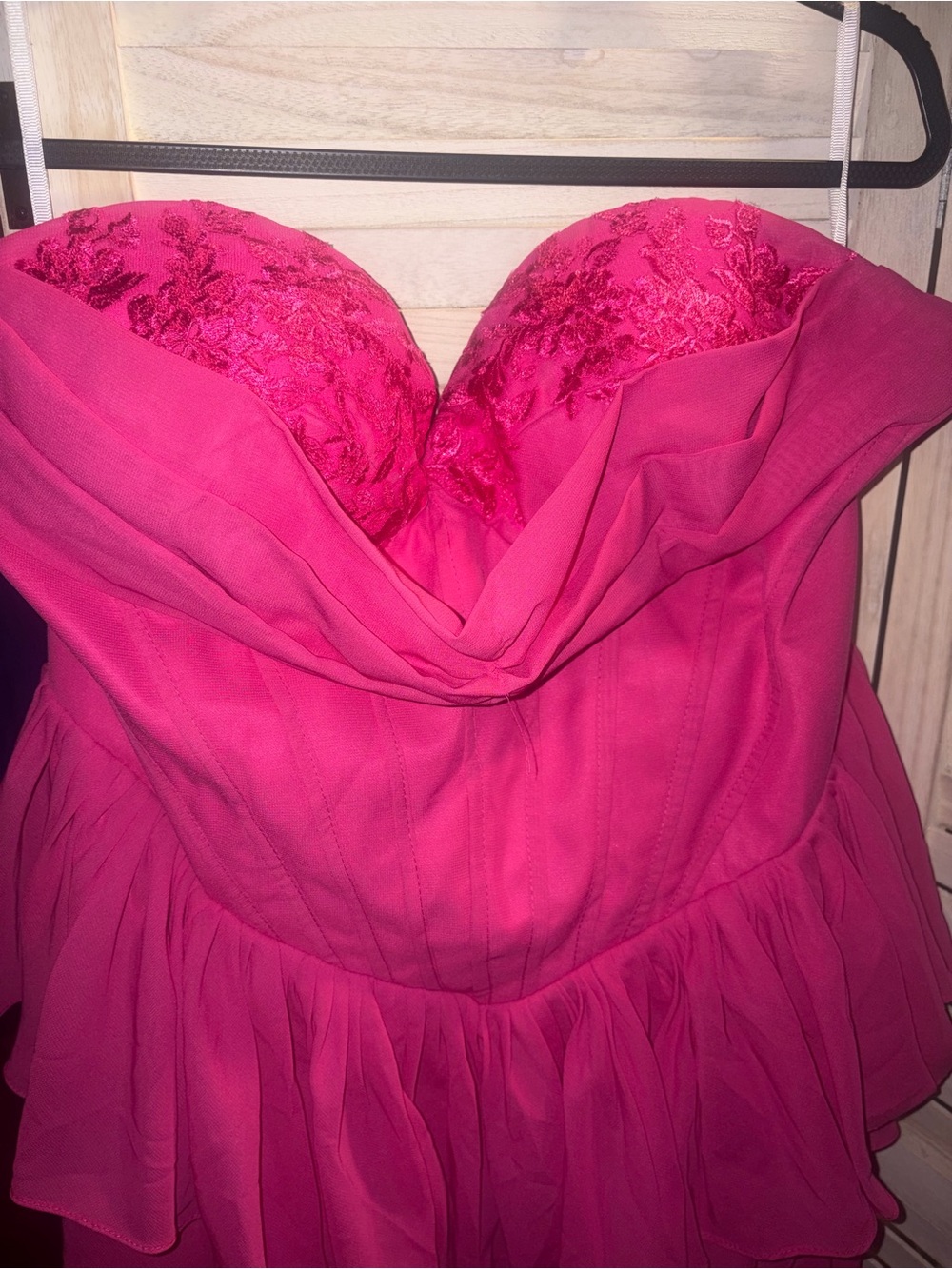 Strapless Fuchsia Lace-Accent Party Dress